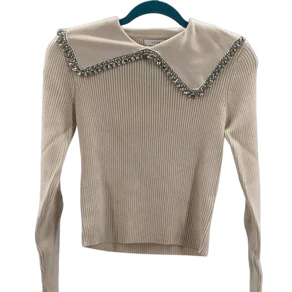 LUSH Sz S Cream Rhinestone Collar Ribbed Long Sleeve Sweater NWT B128 flaw - Picture 3 of 9